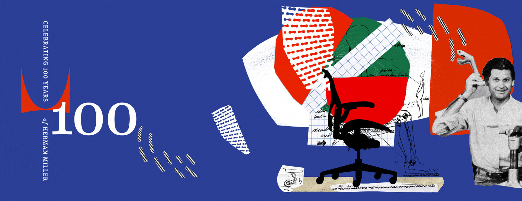 Imagen en estilo collage gráfico que representa los 100 años de Herman Miller.