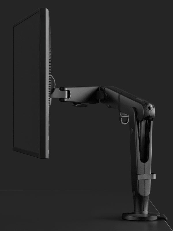 Vista lateral de un brazo para monitor de juego Ollin negro de Herman Miller.