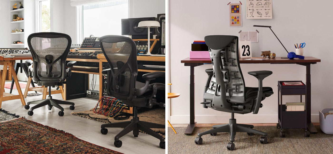 Foto de un estudio de producción musical con dos sillas de oficina Aeron en grafito junto a otra que contiene una silla de oficina Embody en negro y un escritorio Jarvis con patas negras y superficie de madera maciza