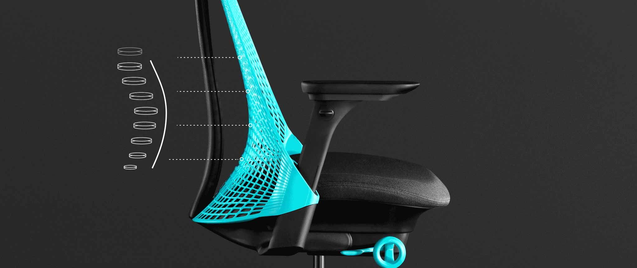 Vista lateral de una silla de juego Sayl azul y negra de Herman Miller, superpuesta con gráficos blancos que destacan el soporte del respaldo.