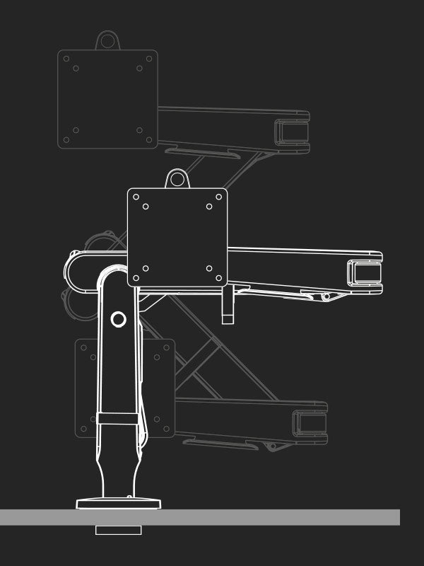 Dibujo lineal de un brazo para monitor de juego Ollin de Herman Miller, que muestra la gama de posiciones.