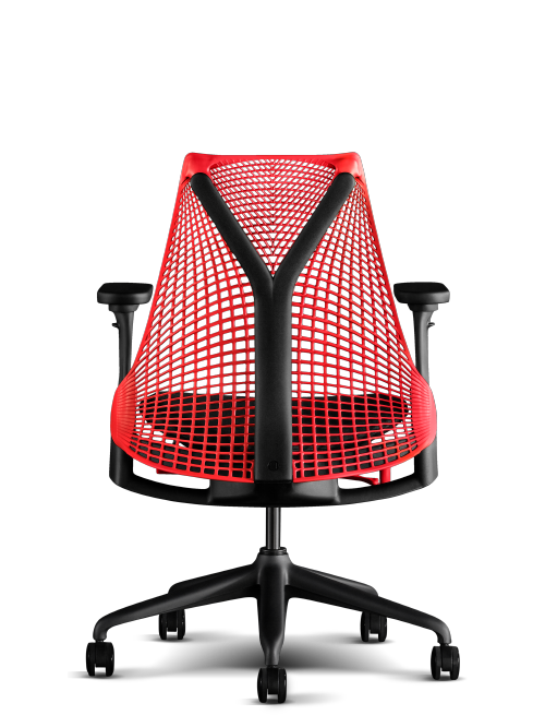 Vista trasera de la silla gaming Herman Miller Sayl en rojo y negro.