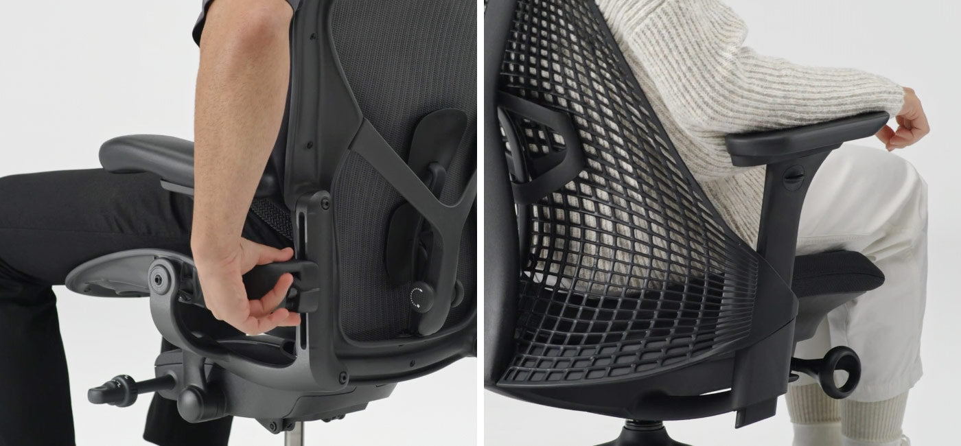 Foto en primer plano del mecanismo de ajuste en el respaldo de la silla de oficina Aeron utilizada por un hombre sentado en la silla junto a otra que muestra el mecanismo de ajuste en el respaldo de la silla de oficina Sayl con una persona sentada en la silla.