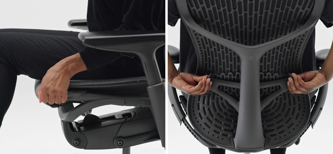 Foto en primer plano del ajuste del asiento utilizado por una persona sentada en una silla de oficina Embody junto a otra Foto en primer plano del respaldo ajustado por una persona sentada en una silla de oficina Mirra 2