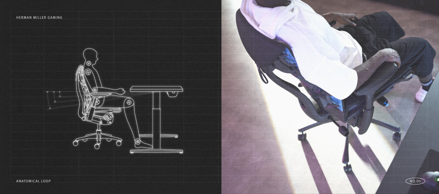 Diagrama mecánico de una persona en la posición óptima correcta en una silla gaming Embody delante de un escritorio gaming Nevi, junto con una foto desde arriba de una persona sentada en una silla gaming Embody cian