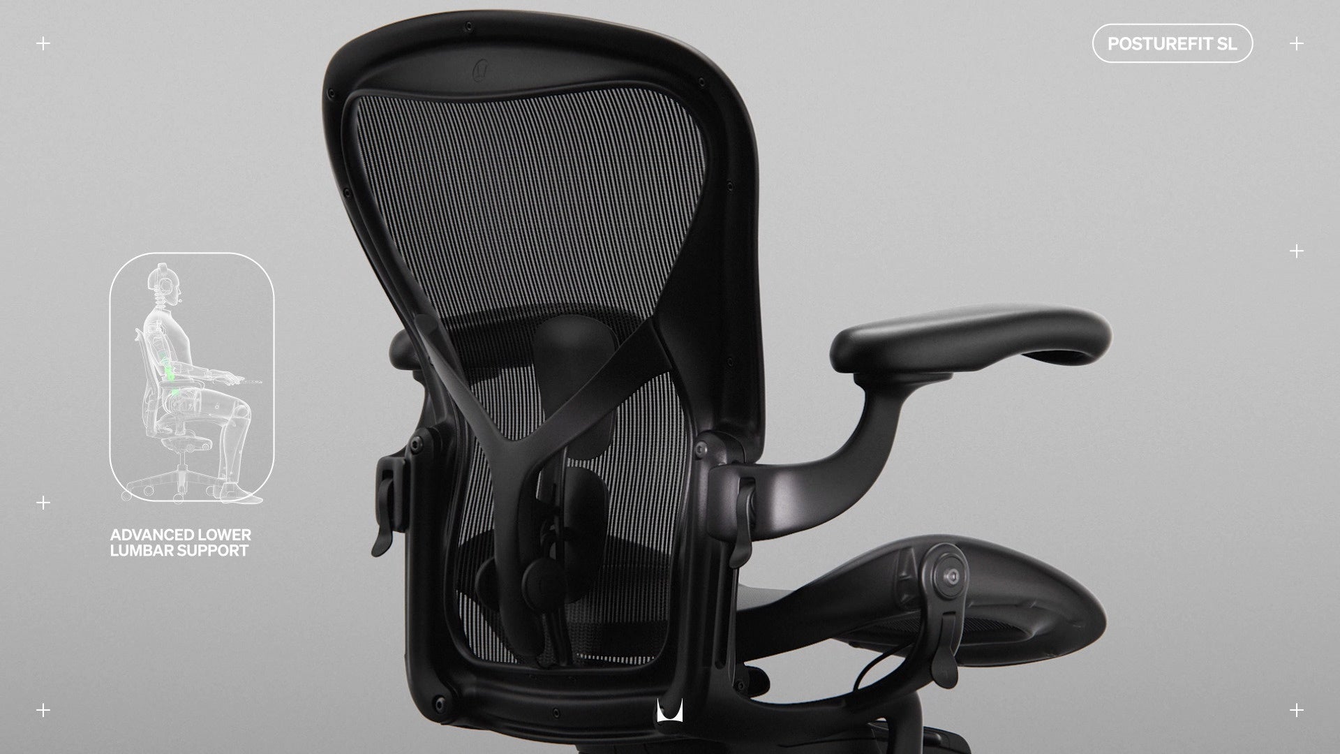 Vista trasera de la silla gaming Aeron con una ilustración de una persona sentada en la silla y la leyenda «Soporte lumbar avanzado» y «Posturefit SL».