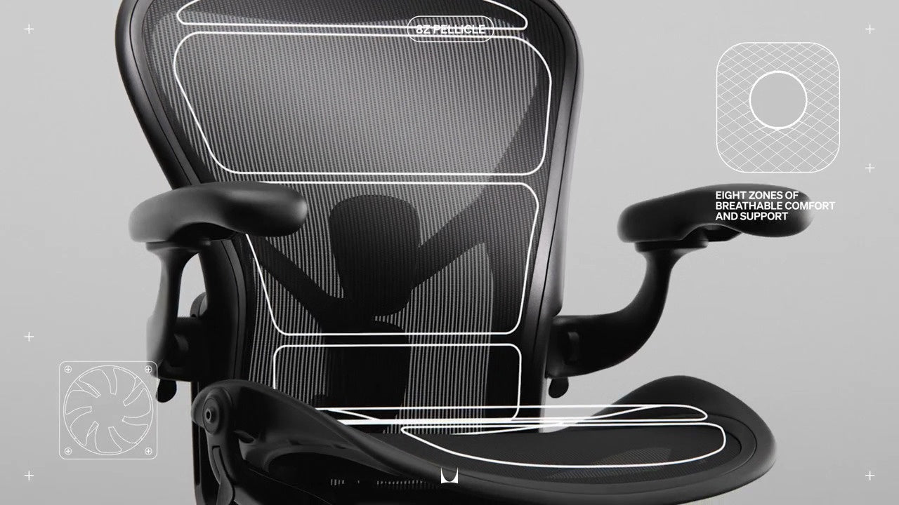 Vista frontal de la silla gaming Aerong con un dibujo lineal que destaca las zonas del material 8Z Pelicle, con las inscripciones «Advanced lower lumber support» (Soporte lumbar avanzado) y «8Z Pelicle».