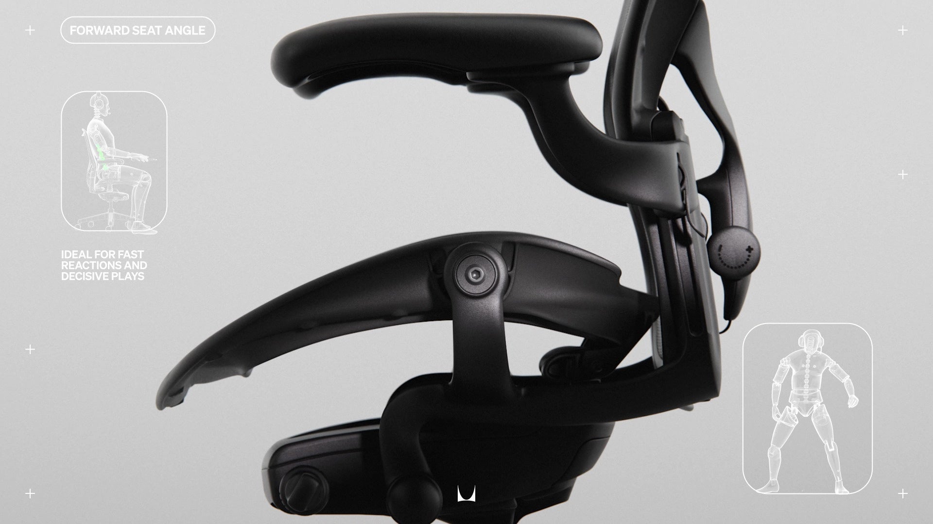 Vista lateral de la silla gaming Aeron que muestra todos los mecanismos de ajuste con pequeños dibujos lineales y la leyenda «Ángulo del asiento hacia delante» y «Reacción rápida ideal y jugadas decisivas».