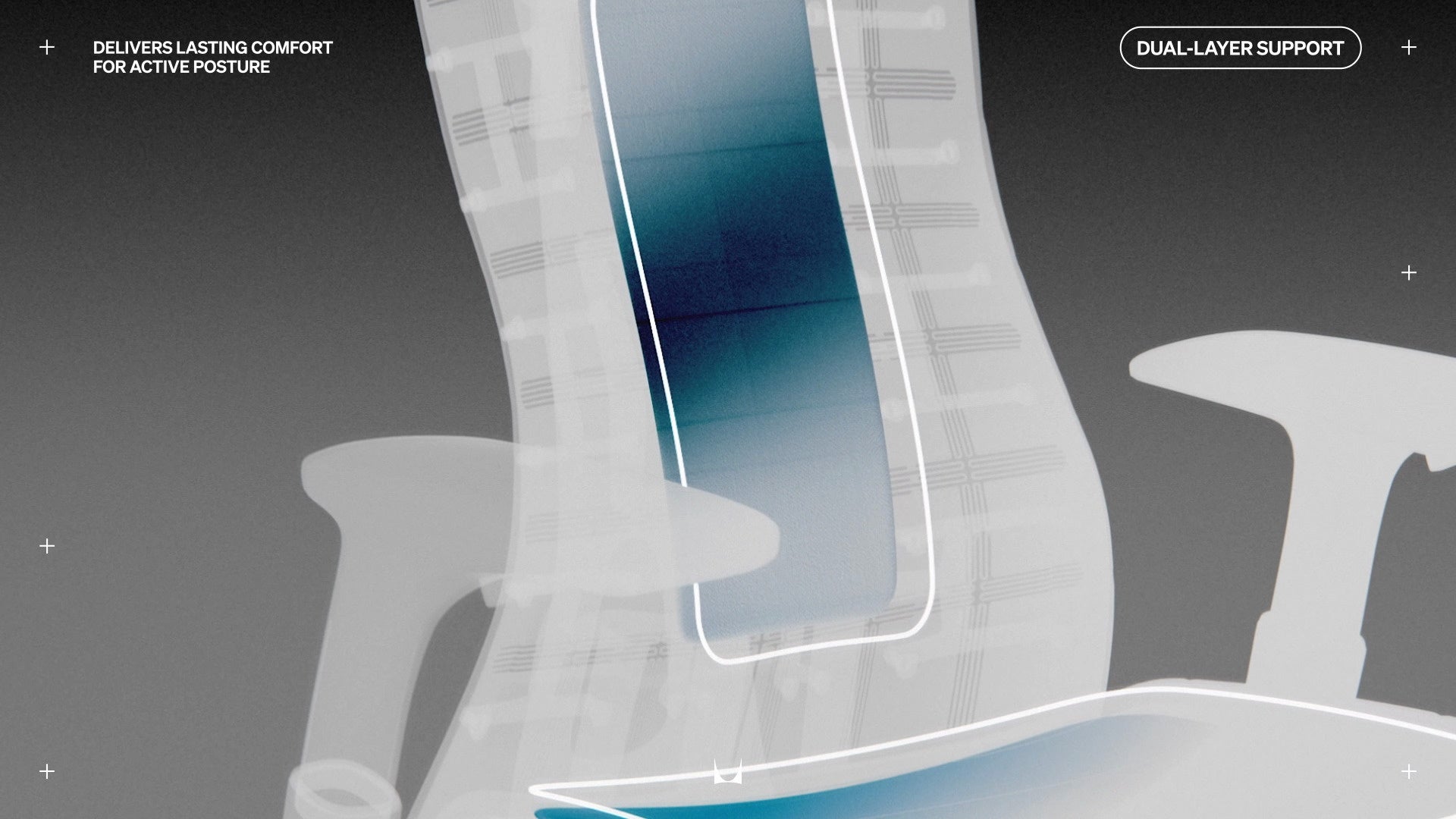 Imagen térmica de la vista frontal de la silla gaming Embody superpuesta con un dibujo lineal alrededor de la sección central del respaldo y el asiento, con la frase «Dual Layer Support» en la esquina superior derecha y «Delivers lasting comfort for active posture» en la esquina superior izquierda