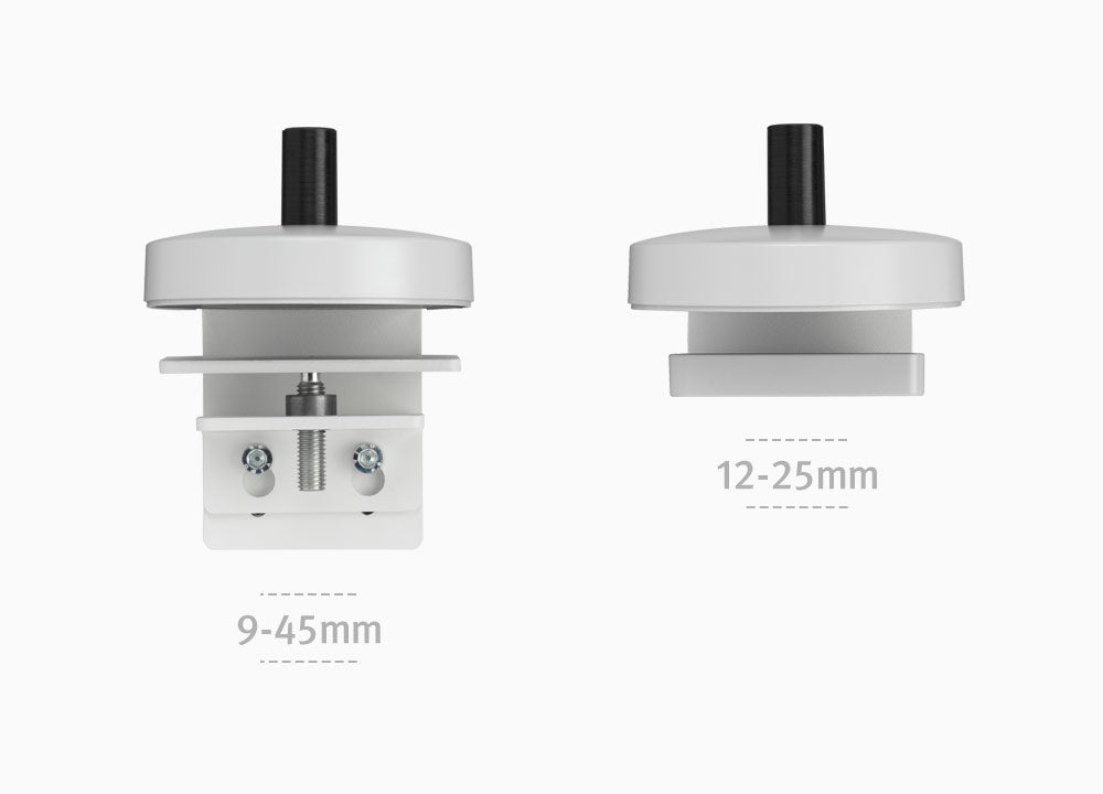 Dos abrazaderas para brazo de monitor Flo X, que muestran las diferentes opciones en función del grosor del escritorio y la superficie.