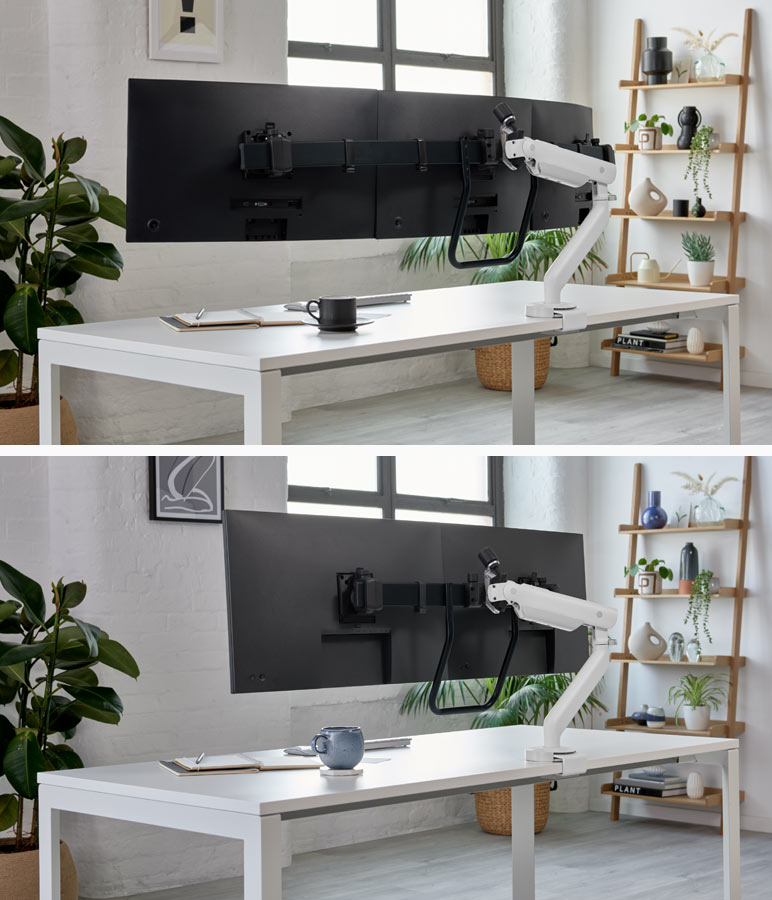 Collage de dos imágenes con brazos para monitor Flo X de CBS, uno con dos pantallas y otro con tres. En una oficina doméstica con paredes de ladrillo blanco, estanterías de madera y plantas de interior.