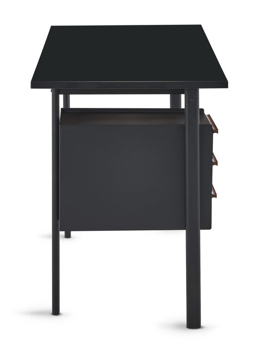 Vista lateral de un escritorio Mode negro de Herman Miller, que muestra el diseño compacto y delgado.