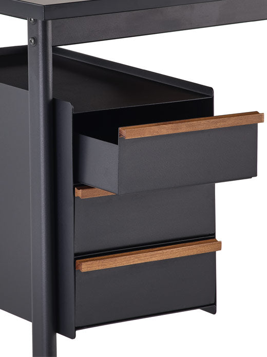 Vista frontal de un escritorio Mode negro de Herman Miller, que muestra los armarios de cajones opcionales para el almacenamiento en la oficina doméstica.