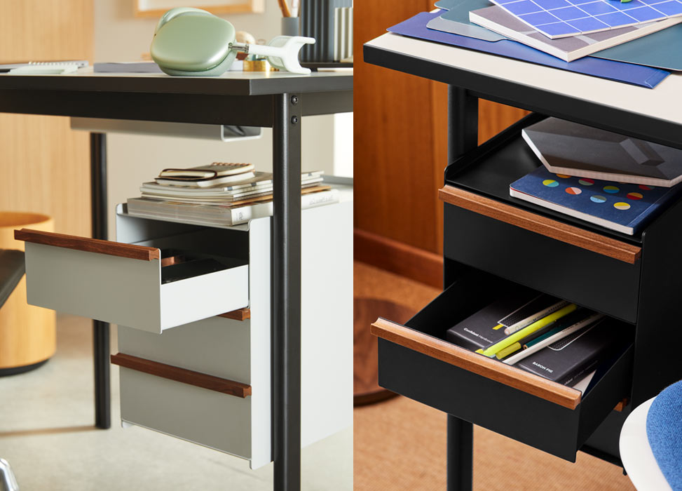 Un collage de dos imágenes que muestran los cajones de almacenamiento opcionales de un escritorio Mode de Herman Miller.