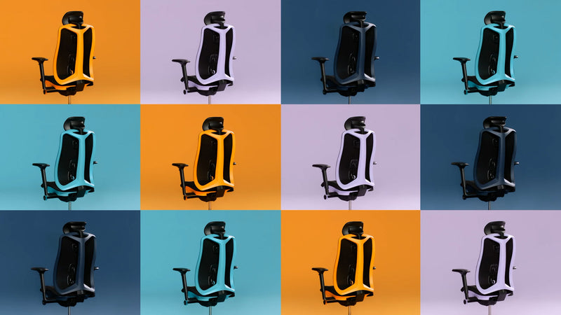 Un vídeo divertido y cautivador que muestra la silla de juego Herman Miller Vantum en amarillo, morado y azul.
