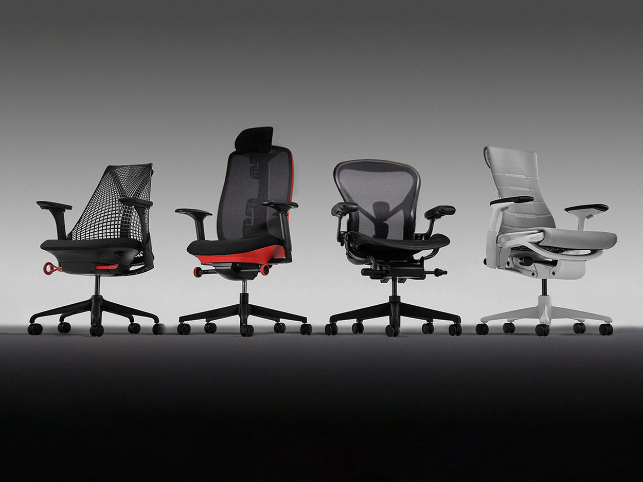 Selección de sillas ergonómicas para gaming de Herman Miller, dispuestas en una cuadrícula de 4x3. Incluye los modelos Sayl, Vantum, Aeron y Embody Gaming.