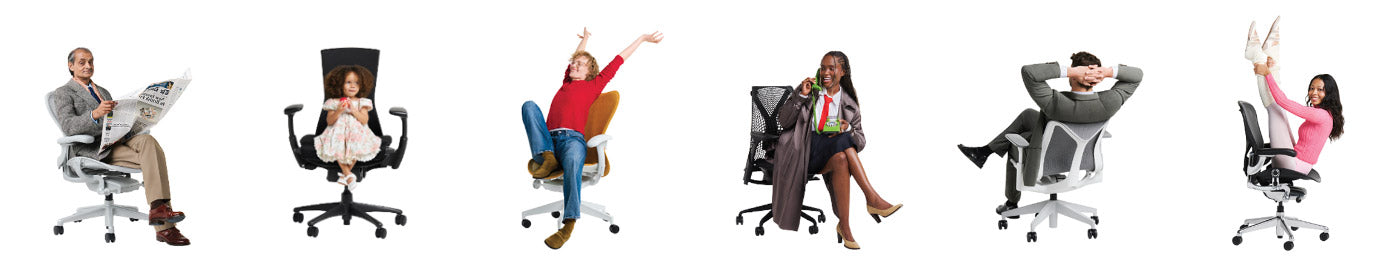 Una fila de seis sillas de escritorio ergonómicas Herman Miller, incluyendo Aeron, Embody, Mirra 2, Sayl y Cosm.