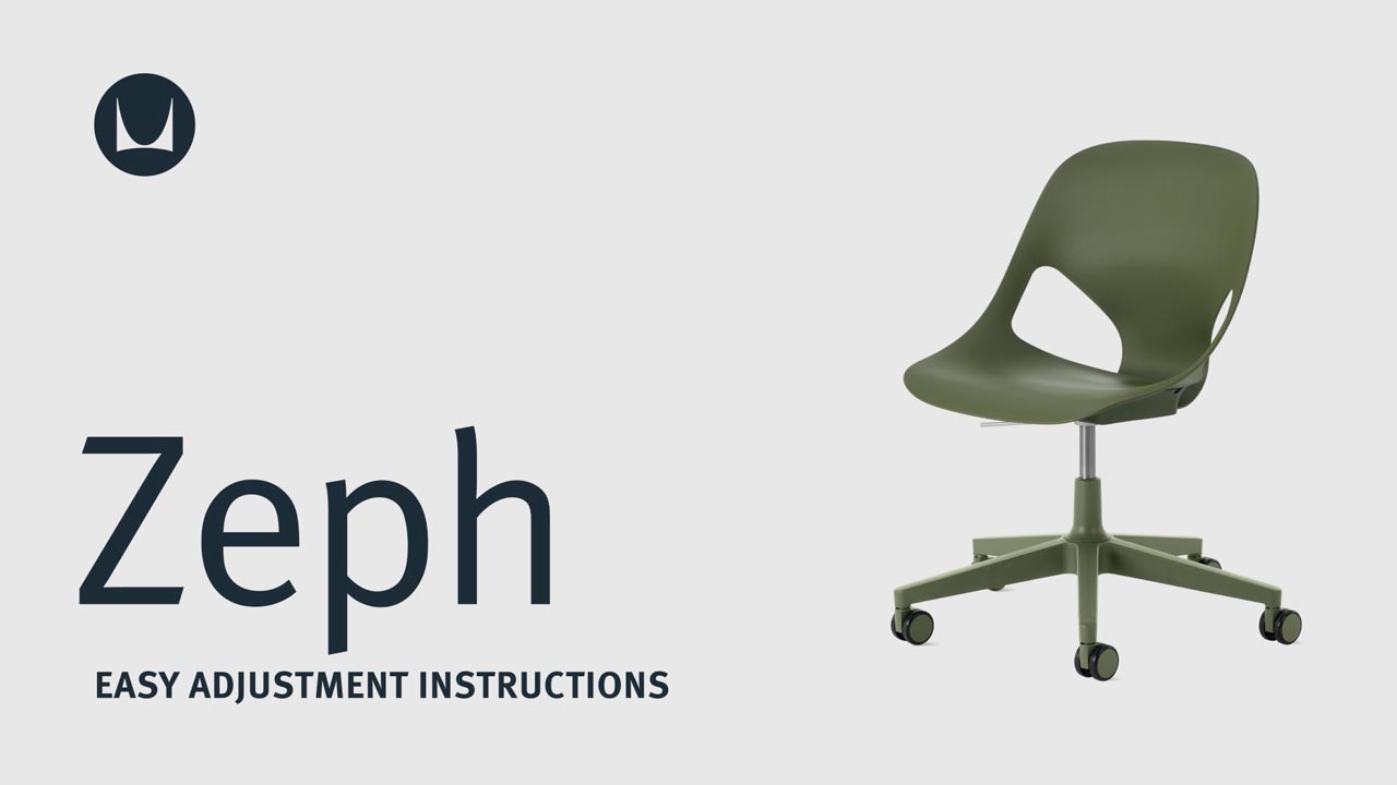 Un vídeo que muestra las características técnicas de ajuste de una silla de oficina Herman Miller Zeph, incluida la altura del asiento.