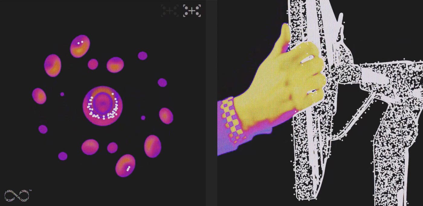 Imagen gráfica de manchas en estilo molecular, con las anotaciones «Encuentre la concentración» y «Juegue desde su mejor posición con un brazo para monitor que se adapta a su enfoque». Imagen térmica de la posición de un brazo para monitor de gaming Ollin mientras se ajusta.