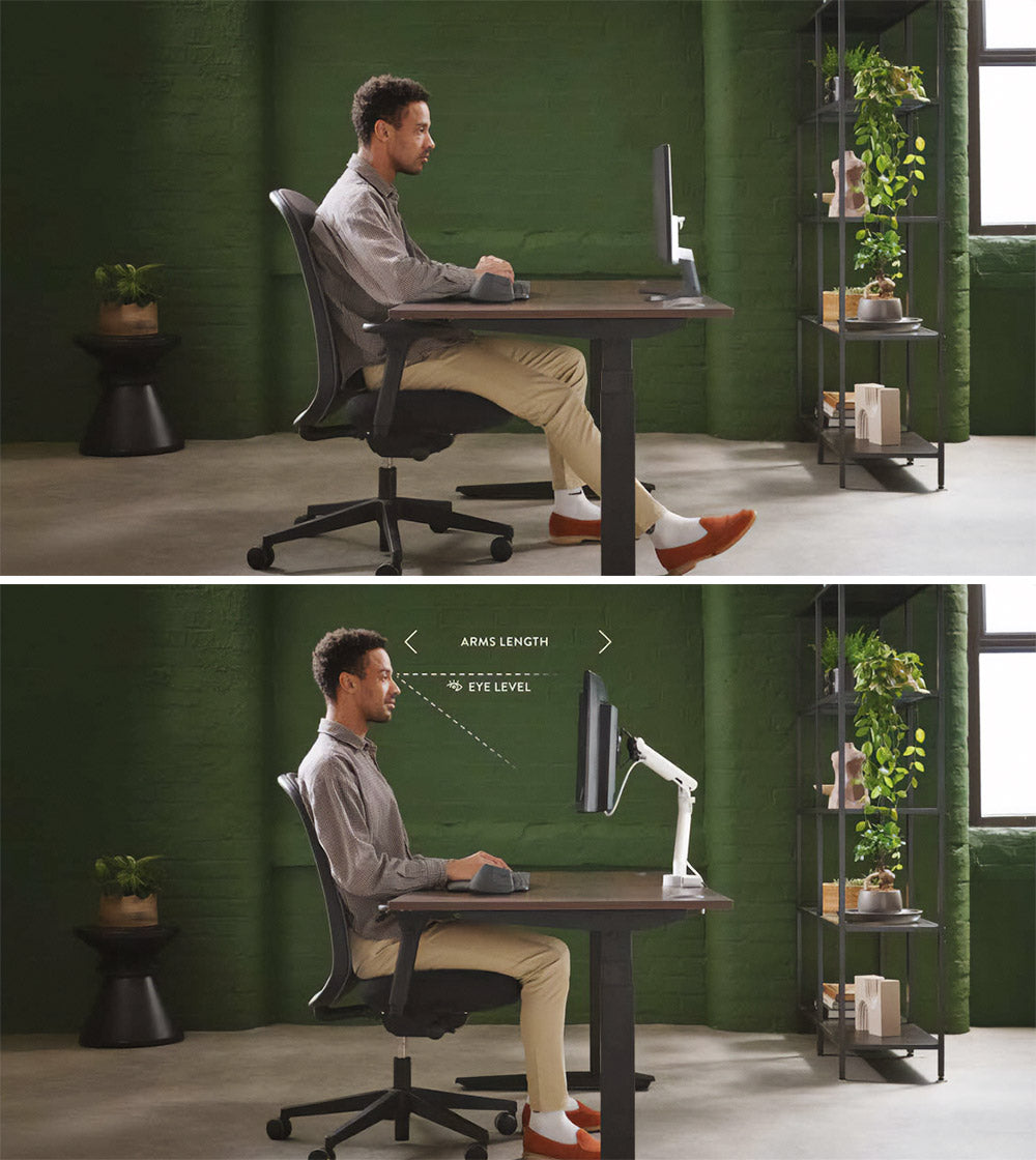 Dos imágenes que comparan la postura de un hombre con y sin brazo para monitor, como parte de una configuración de oficina en casa.