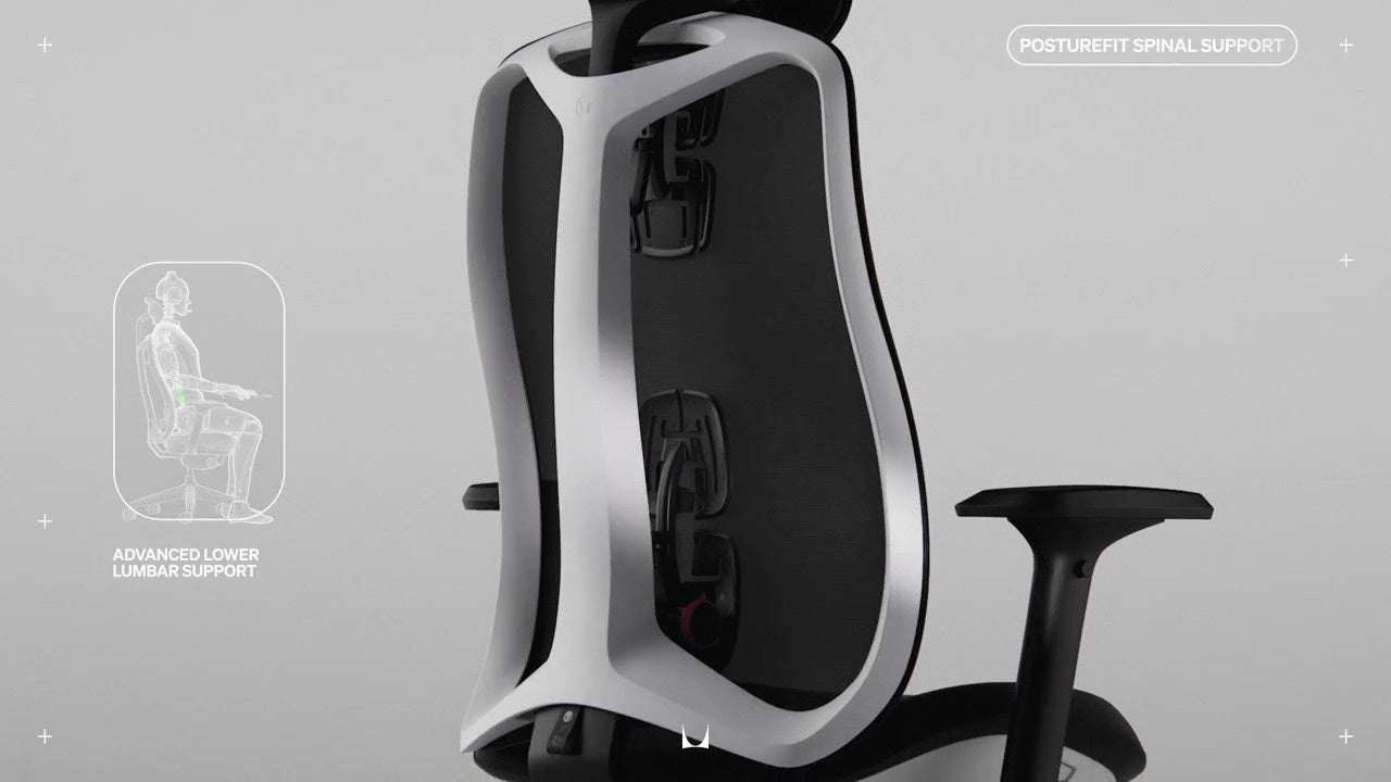 Vista trasera de la silla gaming Vantum con un pequeño dibujo lineal de una persona sentada en la silla y las palabras «Advanced lower lumber support» (soporte lumbar avanzado) y «Posturefit spinal support» (soporte espinal Posturefit).