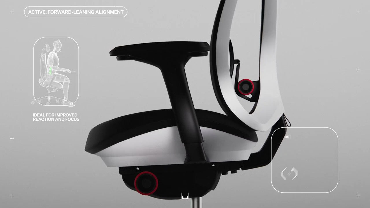 Vista lateral de la silla gaming Vantum con un pequeño dibujo lineal y las palabras «Ideal for improved reaction and focus» (ideal para mejorar la reacción y la concentración) y «Active, forward leaning alignment» (alineación activa e inclinada hacia delante).