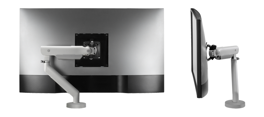 Vistas trasera y lateral de un brazo para monitor CBS Flo X con una pantalla acoplada.