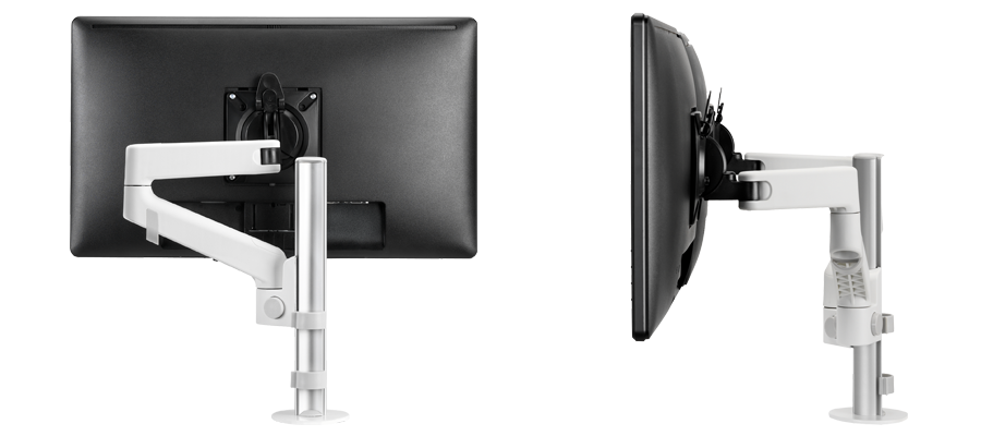 Vistas trasera y lateral de un brazo para monitor CBS Lima con una pantalla acoplada.