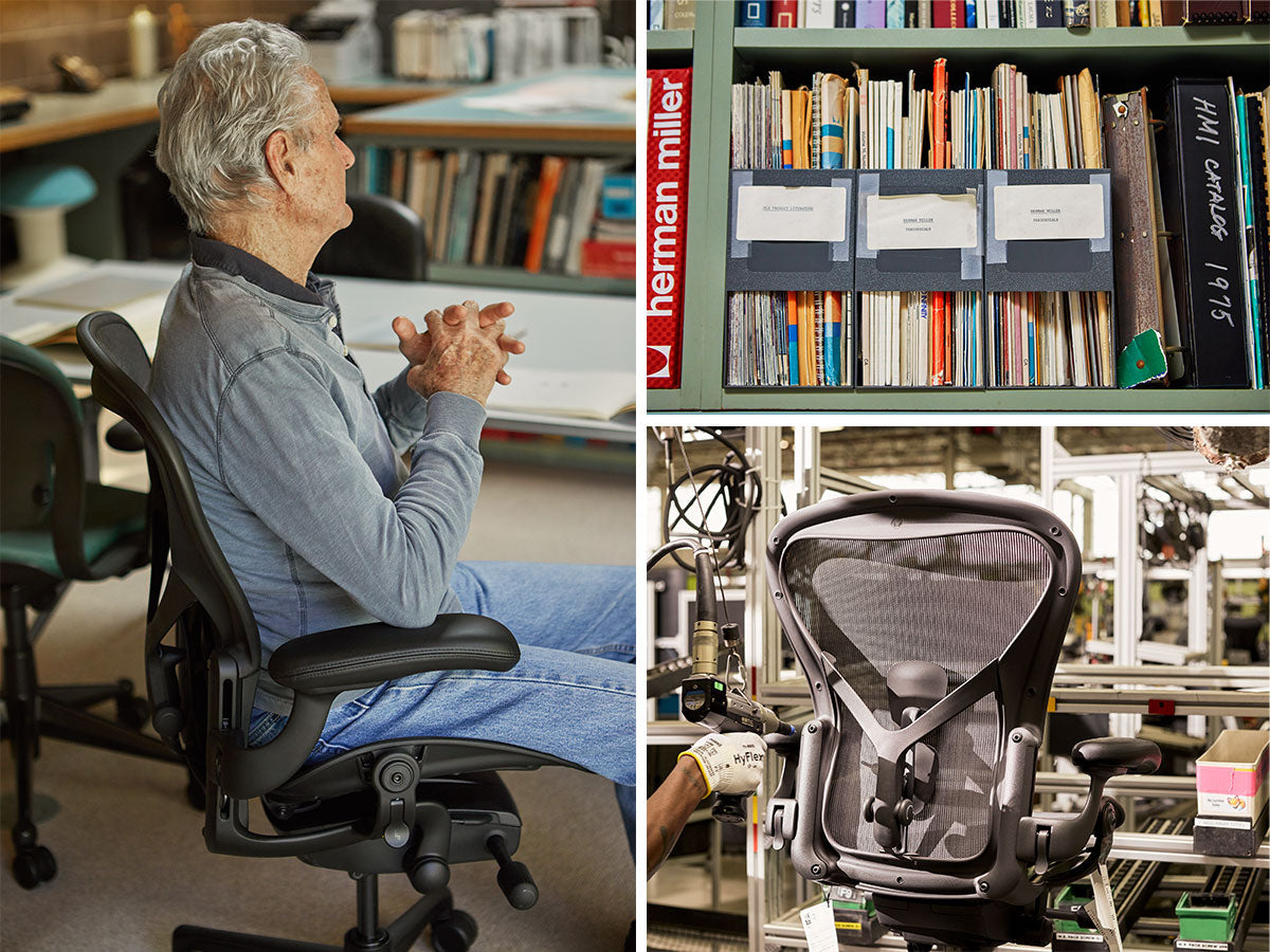 Trío de fotos en formato cuadrícula que incluyen el perfil lateral del diseñador de Aeron, Don Chadwick, en una silla de oficina Aeron, una estantería con documentos sobre diseño y ergonomía y, por último, una Aeron en proceso de fabricación
