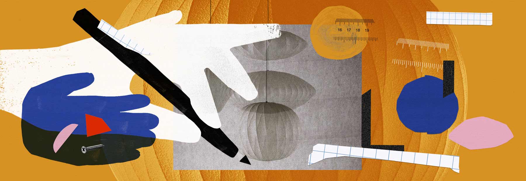Imagen en estilo collage que muestra las herramientas de diseño utilizadas para crear las lámparas Bubble de Herman Miller Nelson.