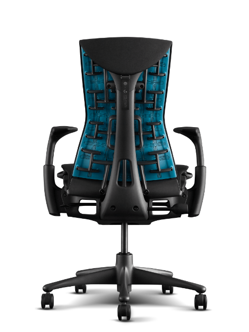 Vista trasera de la silla gaming Herman Miller Embody en cian y negro.
