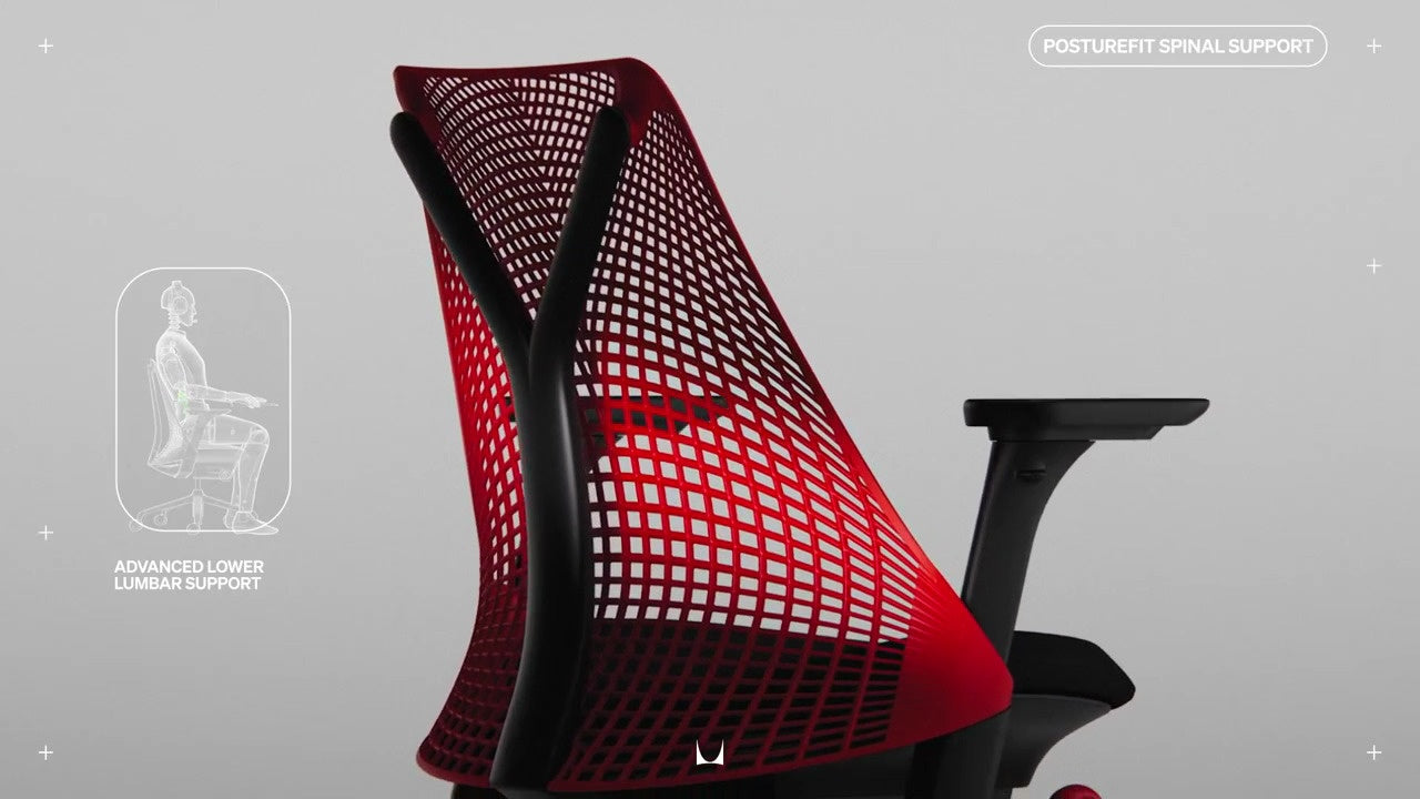 Vista trasera del respaldo de la silla gaming Sayl con un dibujo lineal de una persona sentada en la silla con las palabras «Advanced lower lumber support» (Soporte lumbar avanzado) y «Posture Spinal Support» (Soporte postural de la columna vertebral).
