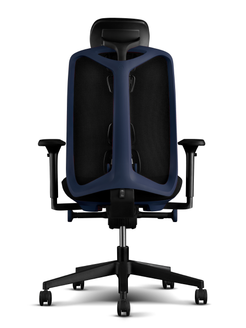 Vista trasera de la silla gaming Herman Miller Vantum en azul Nightfall y negro.