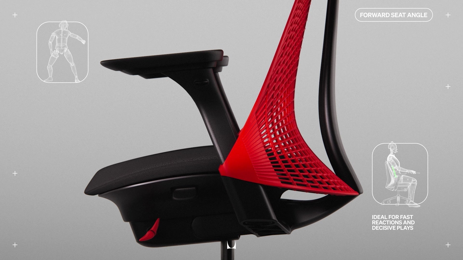 Vista lateral de la silla gaming Sayl que muestra todos los mecanismos de ajuste con pequeños dibujos lineales y las palabras «Ángulo del asiento hacia delante» y «Reacciones rápidas y jugadas decisivas».