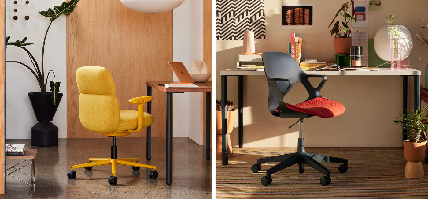 Oficina en casa con silla de oficina de respaldo medio Asari en color amarillo marigold delante de un escritorio de altura fija OE1 en negro con tablero de madera maciza junto a otro con silla de oficina Zeph en carbono con almohadilla de asiento en rojo intenso delante de un escritorio de altura fija OE1 en negro con blanco