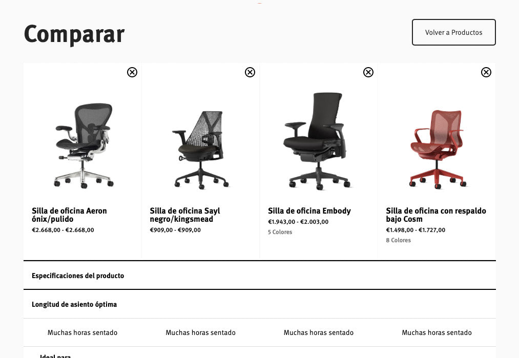 Imagen que muestra la herramienta de comparación de Herman Miller, que permite ver hasta cuatro sillas de oficina para el hogar con todas sus especificaciones una al lado de otra