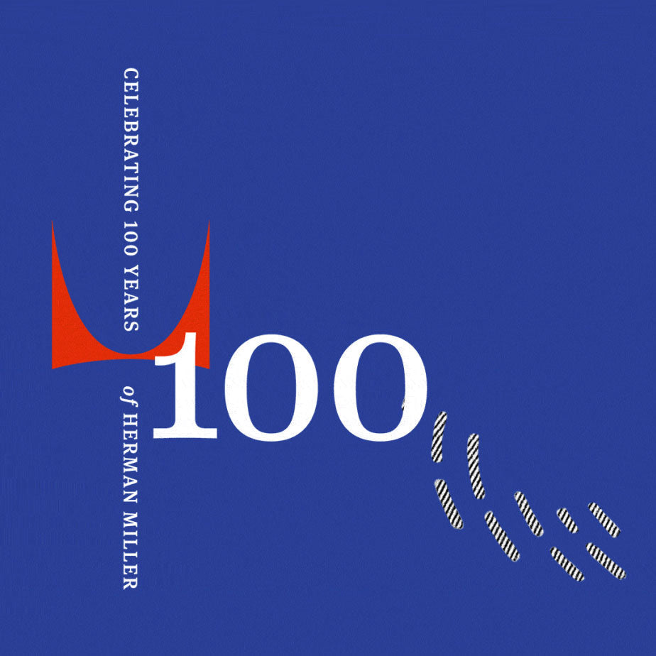 Imagen gráfica que celebra los 100 años de Herman Miller: fondo azul con el número 100 y el texto