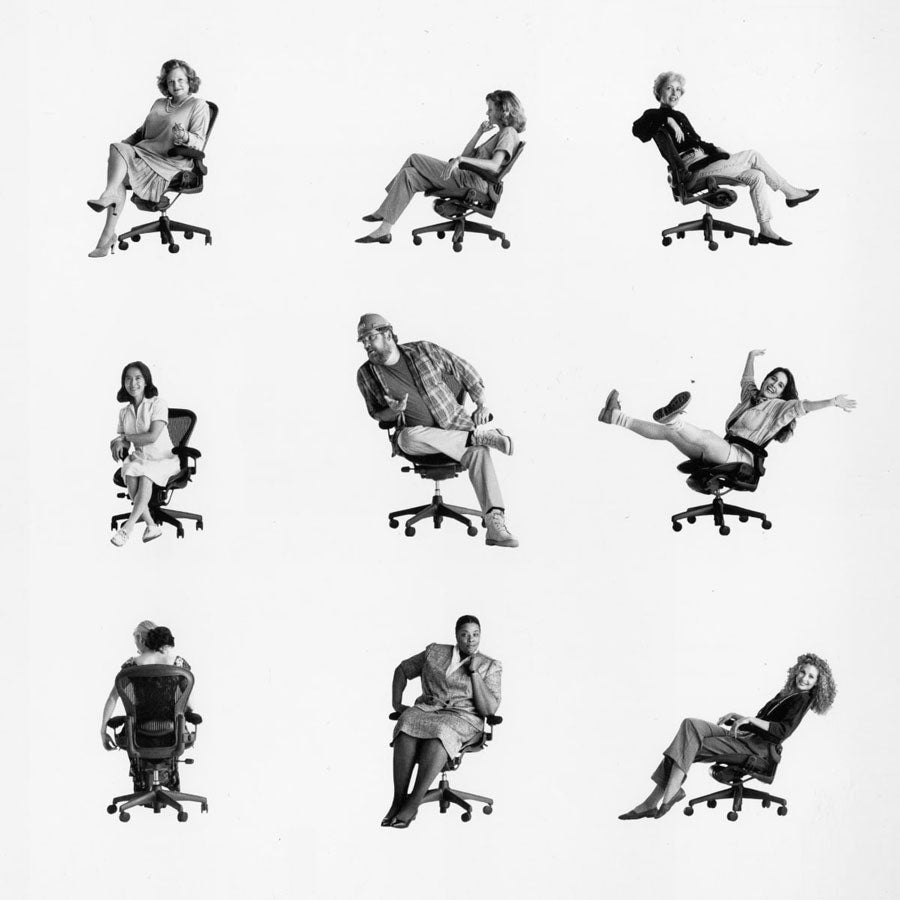 Imagen en estilo cuadrícula con nueve imágenes más pequeñas de diferentes personas sentadas en sillas Icon Herman Miller Aeron.