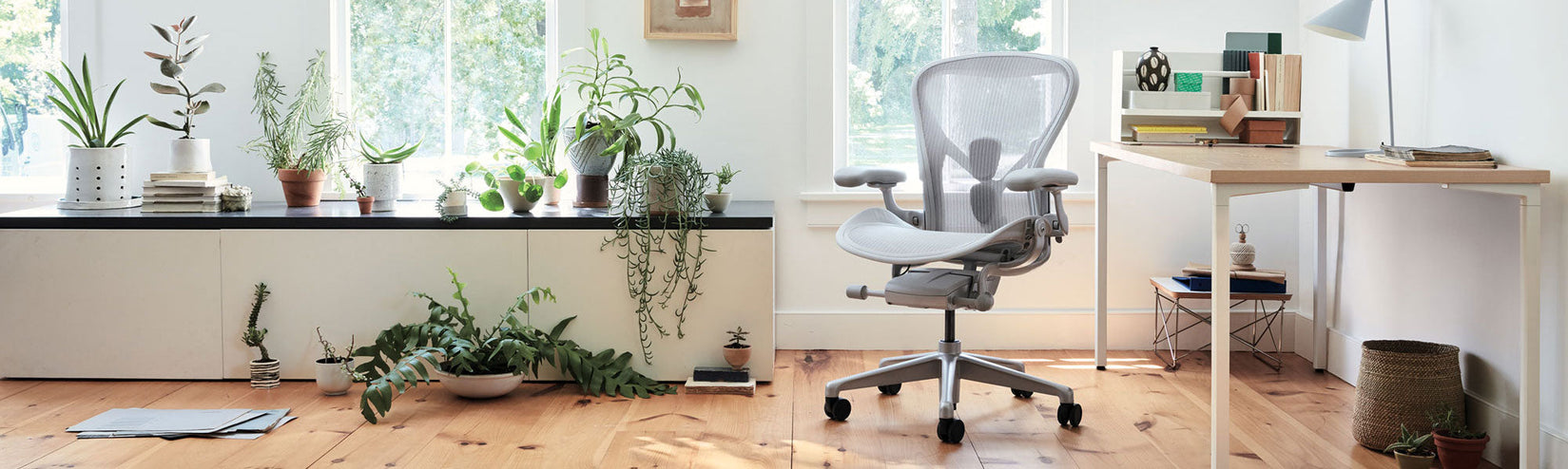 Silla Aeron de Herman Miller en color mineral con escritorio de altura fija OE1 con estructura blanca y tablero de fresno en una oficina doméstica luminosa y llena de plantas.
