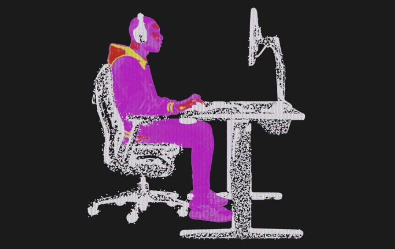 Imagen estilizada de una persona sentada en una silla gaming Herman Miller Embody con mesa gaming Nevi y monitor en brazo para monitor Ollin.