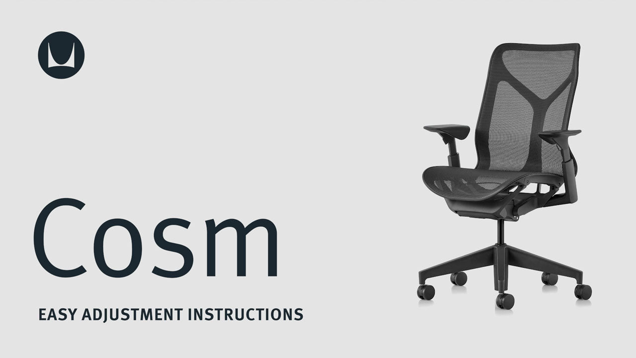 Un vídeo que muestra las características técnicas de ajuste de una silla de oficina Cosm de Herman Miller, incluido el ajuste de la altura del asiento y del brazo.