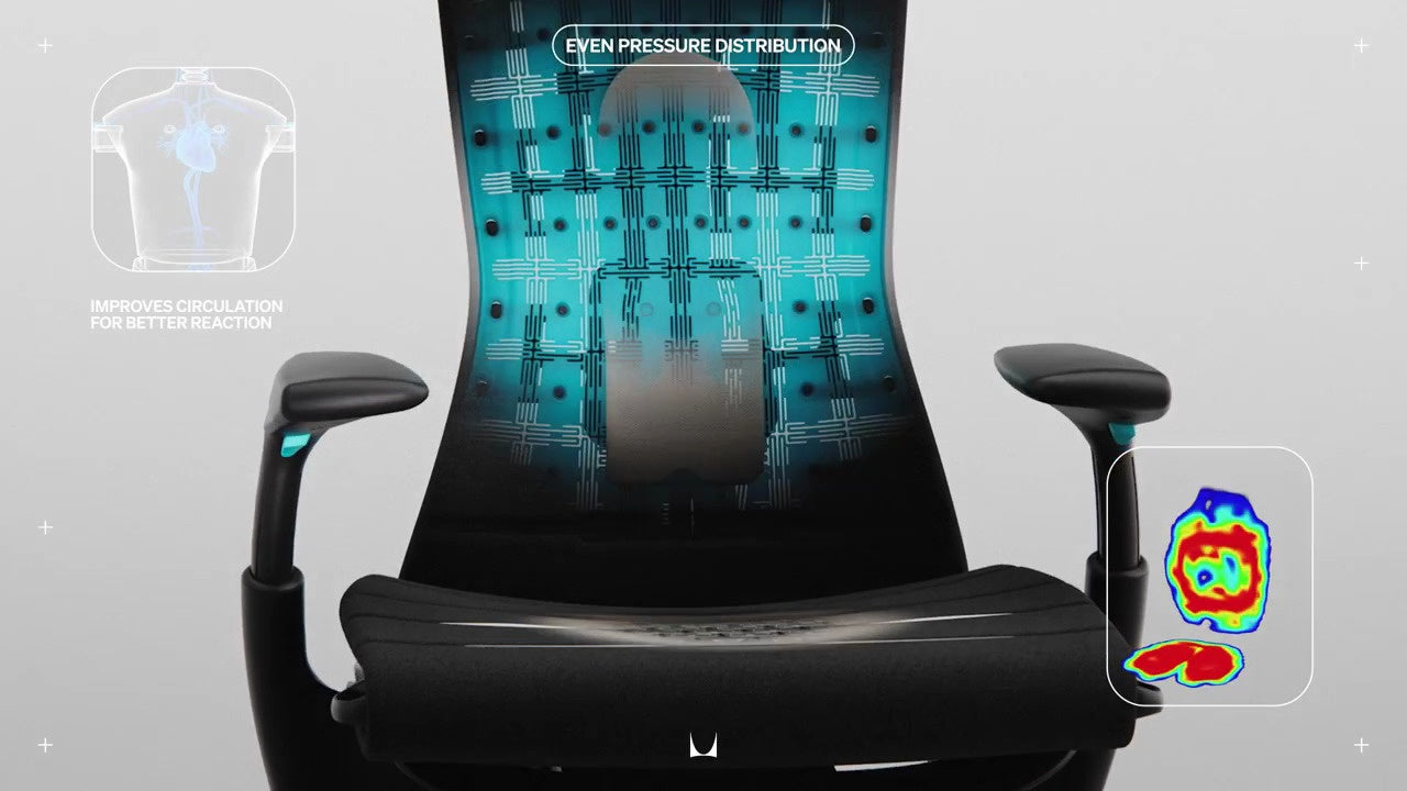 Imagen térmica centrada en el respaldo de la silla Embody con la anotación «mejora la circulación para una mejor reacción» y «distribución uniforme de la presión».