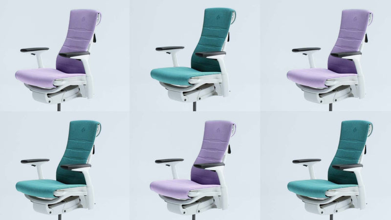 Un vídeo divertido y cautivador que muestra la silla de juego Embody de Herman Miller en blanco, azul y morado.
