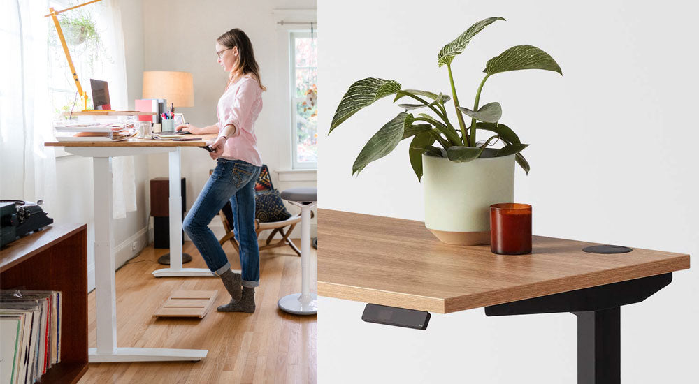 Collage que muestra a una mujer de pie junto a un escritorio sit-stand Jarvis en una luminosa oficina doméstica, así como una vista cercana de un Jarvis con tablero de madera maciza, estructura y patas negras.