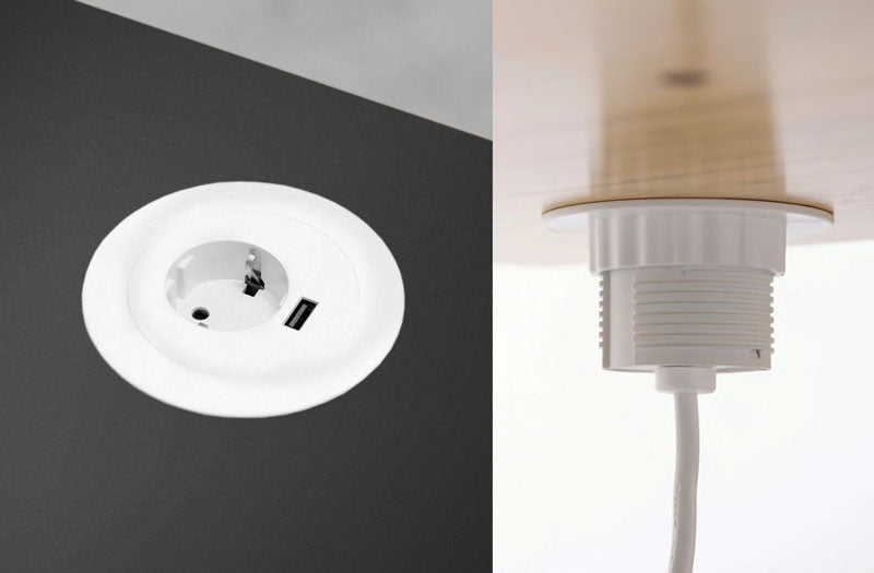 Vistas superior e inferior de un pasacables en un escritorio laminado con una sola toma de corriente y conector USB.