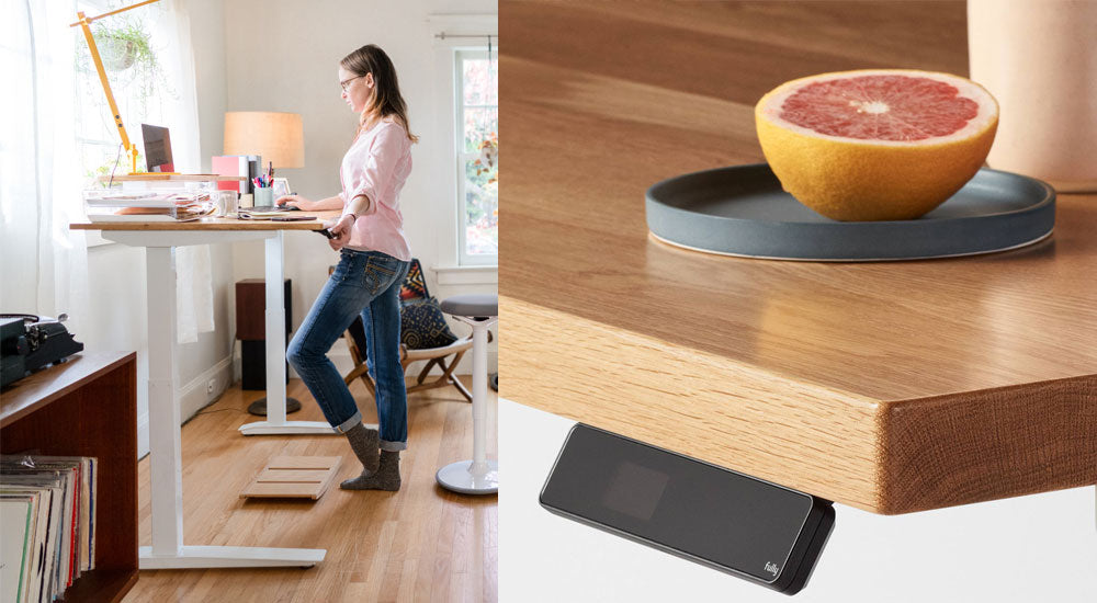 Collage que muestra a una mujer de pie junto a un escritorio Jarvis para trabajar sentado o de pie en una luminosa oficina doméstica, así como una vista cercana de un escritorio Jarvis con tablero de madera maciza de roble claro y su ajuste programable.