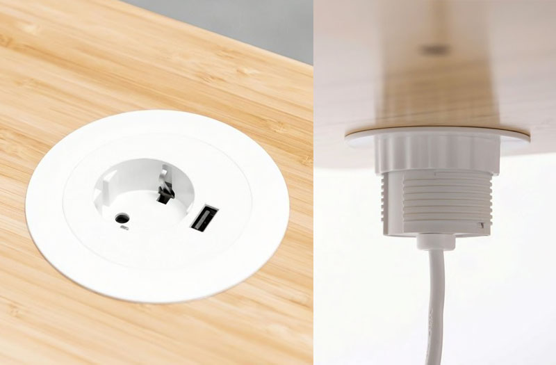 Vistas superior e inferior de un pasacables en un escritorio de bambú con una sola toma de corriente y un conector USB.
