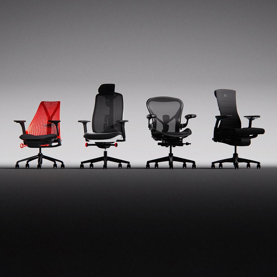 Cuatro sillas gaming de Herman Miller alineadas sobre un fondo gris, incluyendo Sayl en rojo y negro, Vantum en blanco Polor y negro, Aeron en negro ónix y Embody en negro.