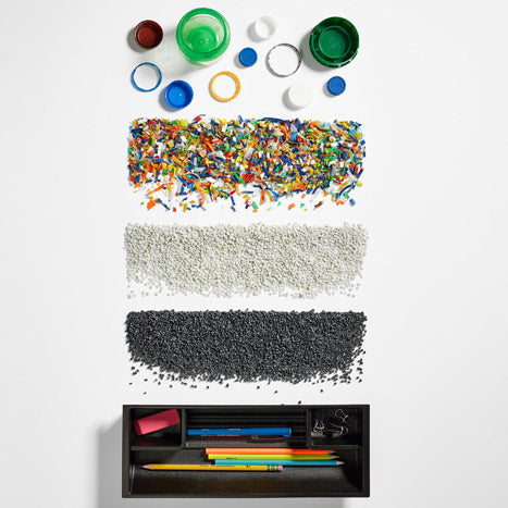 Fotografía en estilo collage de plásticos en diversas formas, desde piezas grandes hasta micropiezas, que representan la iniciativa Ocean Bound Plastic de Herman Miller.