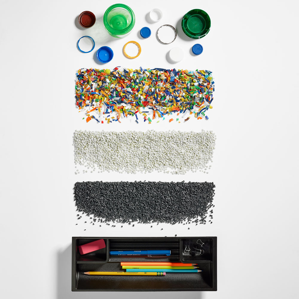 Fotografía en estilo collage de plásticos en diversas formas, desde piezas grandes hasta micropiezas, que representan la iniciativa Ocean Bound Plastic de Herman Miller